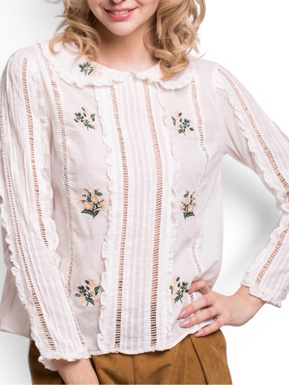 Zara White Embroidered Lace-Panel Blouse